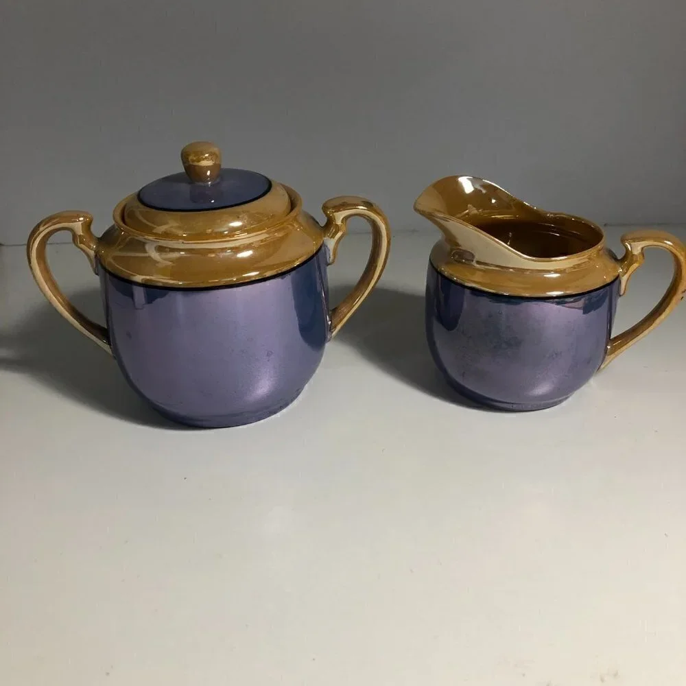Blue Lusterware? - Creamer & Sugar Set - Floral - Made in Japan #83